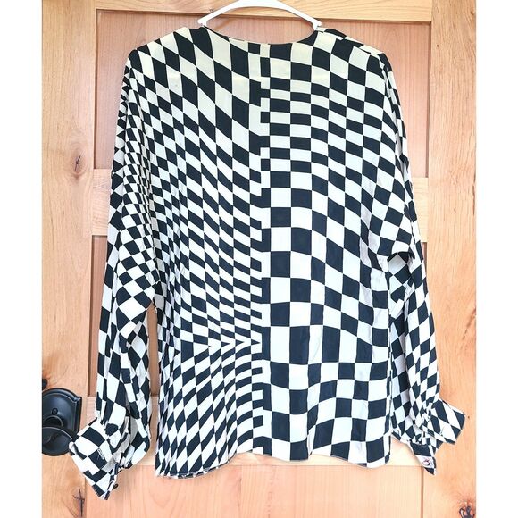 Vtg Josephine Chaus 100% Silk Black White 8 Geometric Modern Minimalist Blouse - Picture 2 of 7